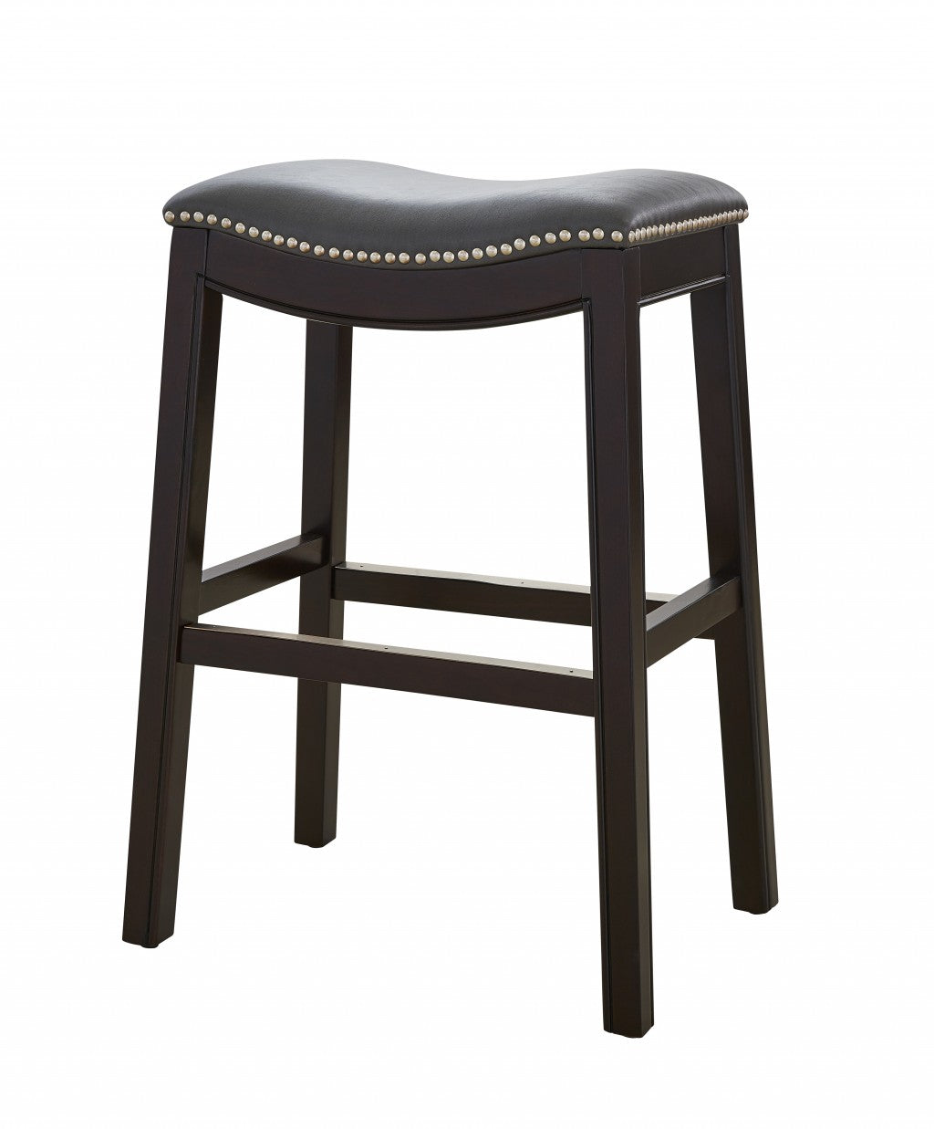 26" Gray and Espresso Faux Leather and Solid Wood Backless Counter Height Bar Chair-2