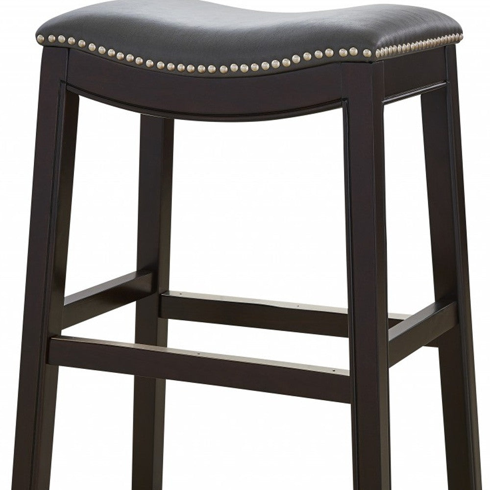 26" Gray and Espresso Faux Leather and Solid Wood Backless Counter Height Bar Chair-5
