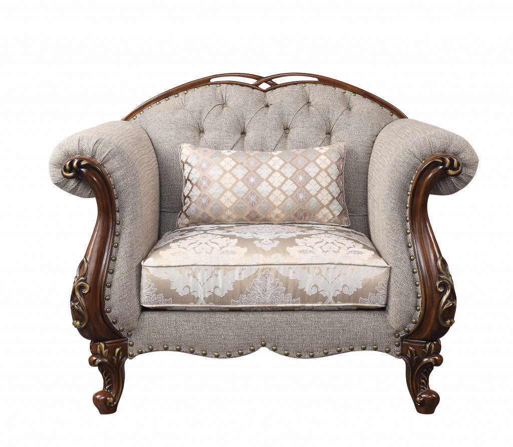 48" Beige and Brown Fabric Floral Arm Chair-0