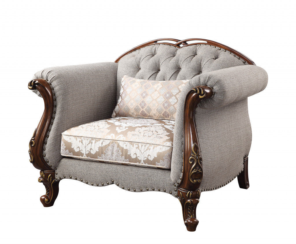 48" Beige and Brown Fabric Floral Arm Chair-3