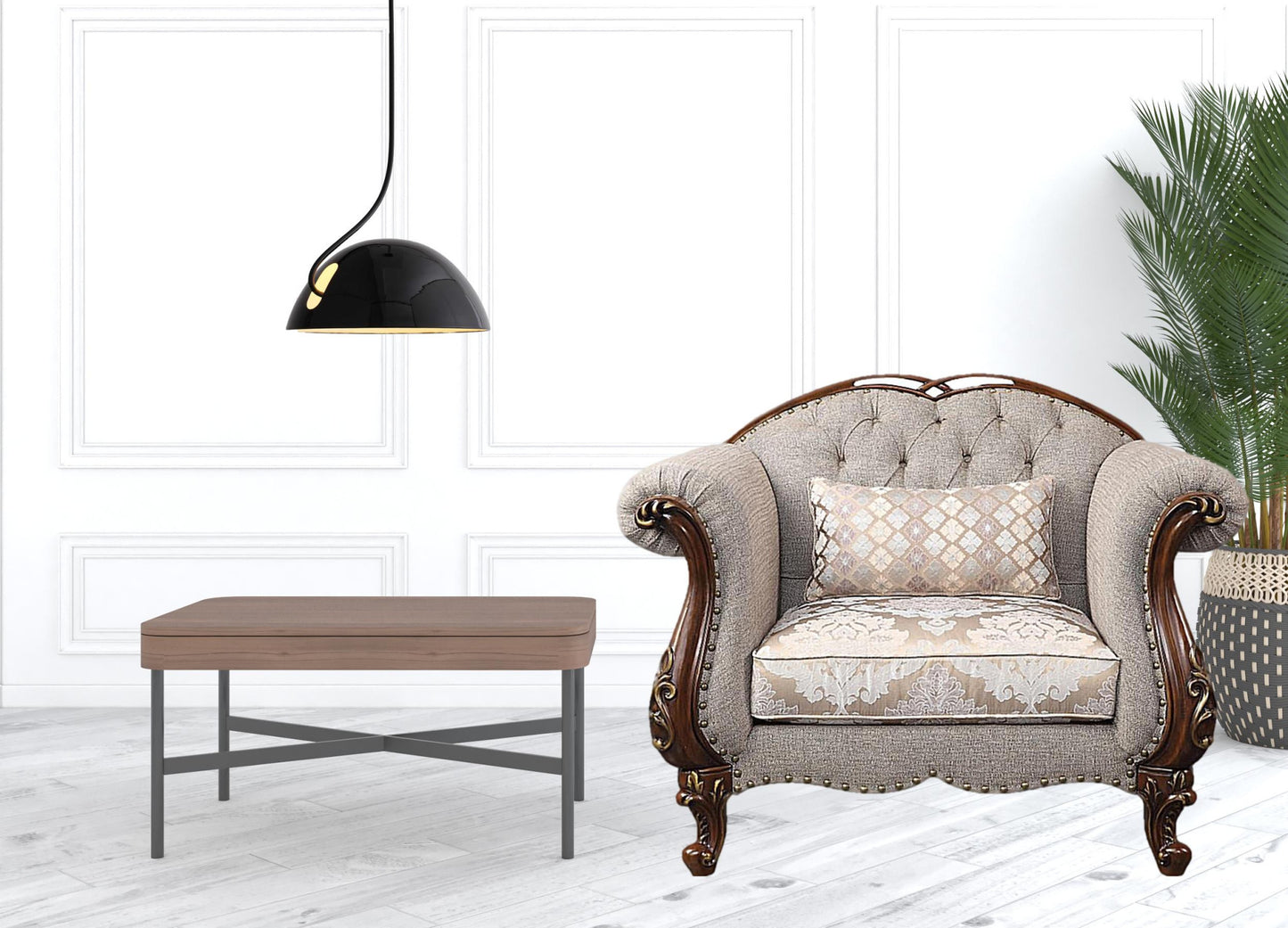 48" Beige and Brown Fabric Floral Arm Chair-4