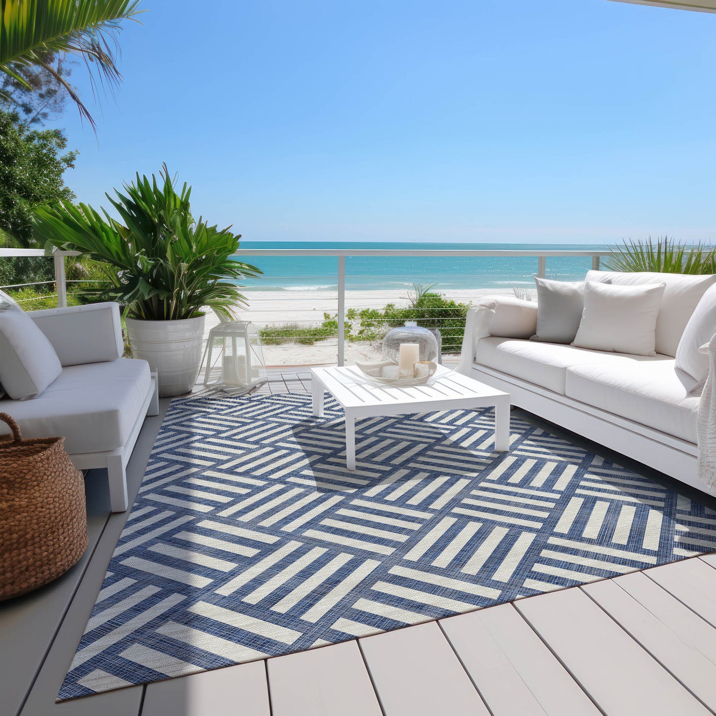 3' X 5' Navy Blue And Ivory Geometric Washable Indoor Outdoor Area Rug-6