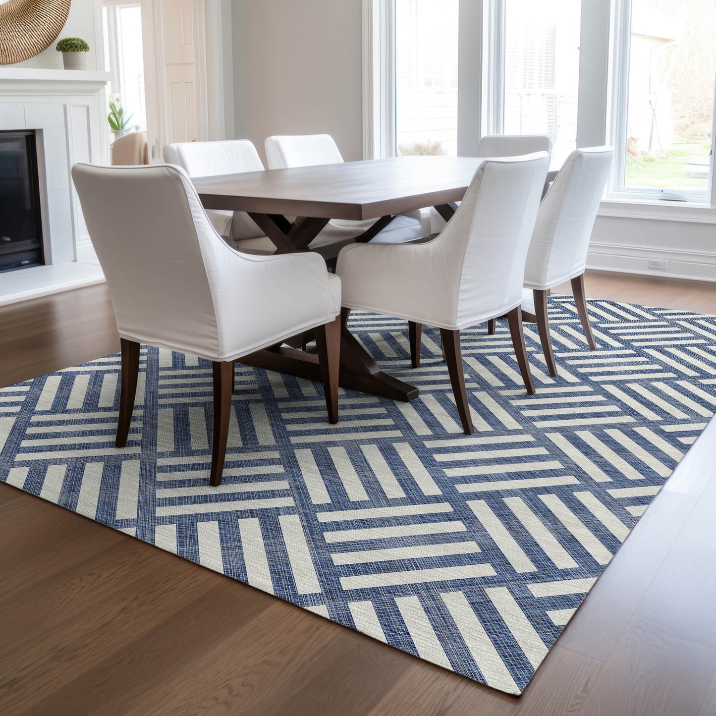 3' X 5' Navy Blue And Ivory Geometric Washable Indoor Outdoor Area Rug-7