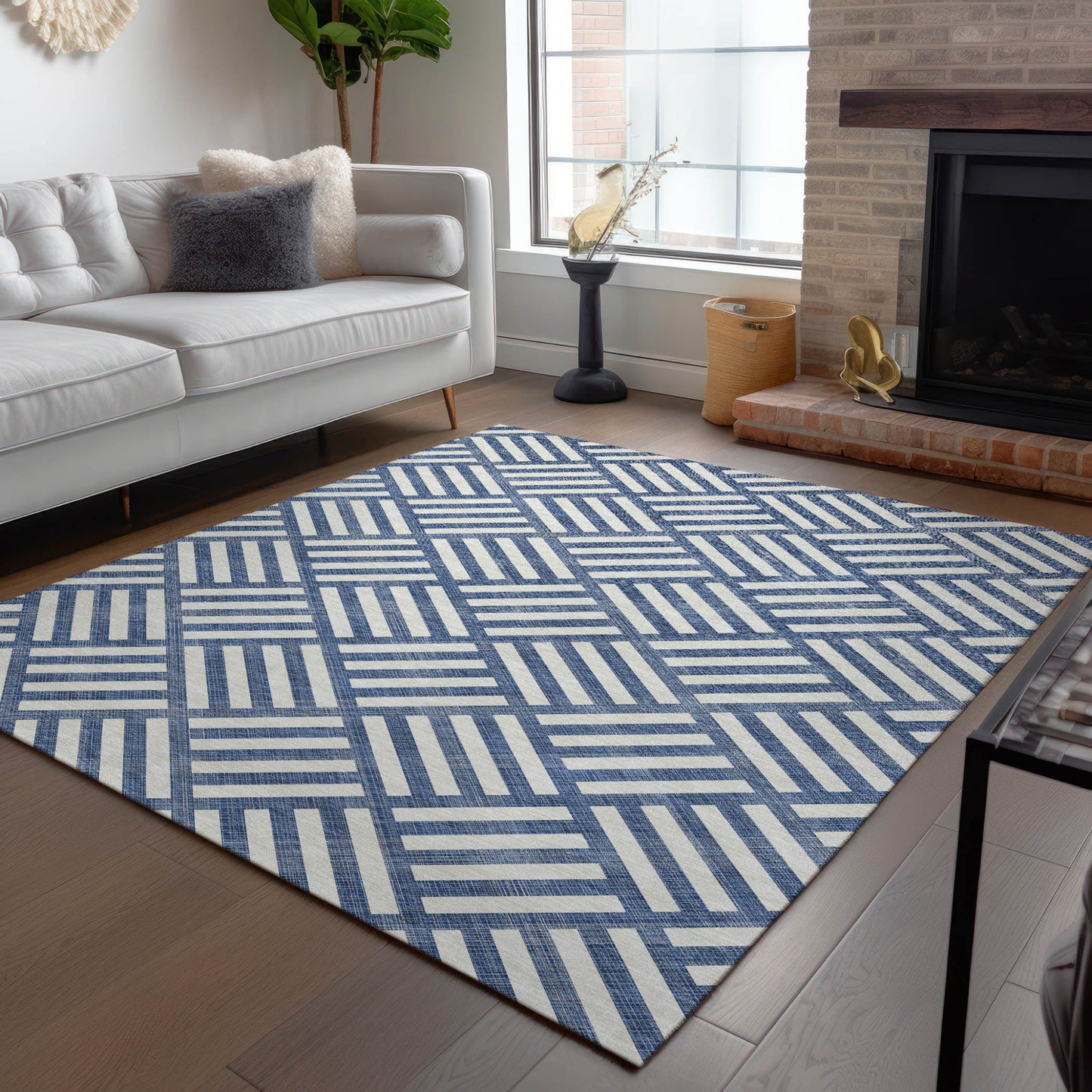 3' X 5' Navy Blue And Ivory Geometric Washable Indoor Outdoor Area Rug-8