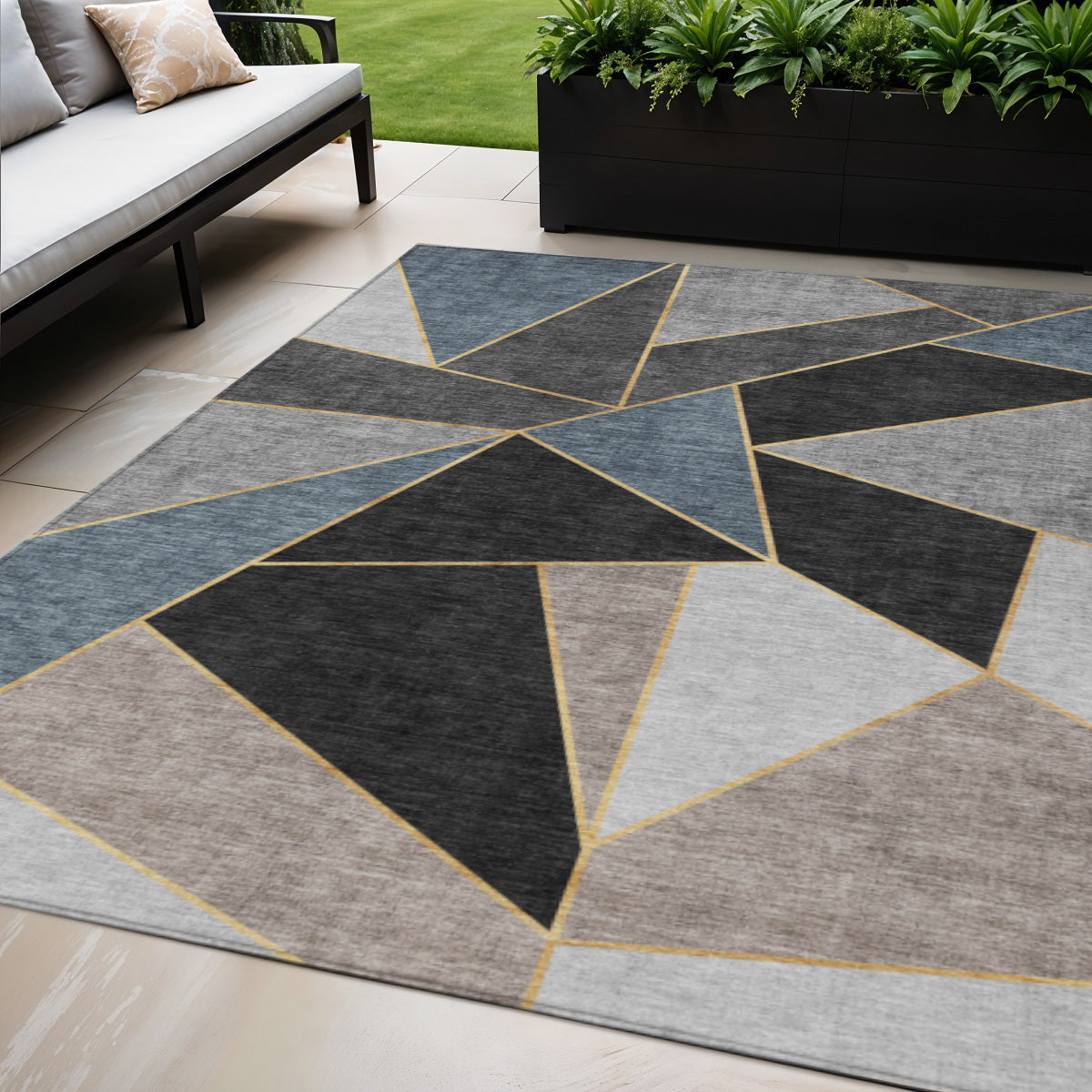 5' X 8' Blue Charcoal And Gray Geometric Washable Indoor Outdoor Area Rug-0