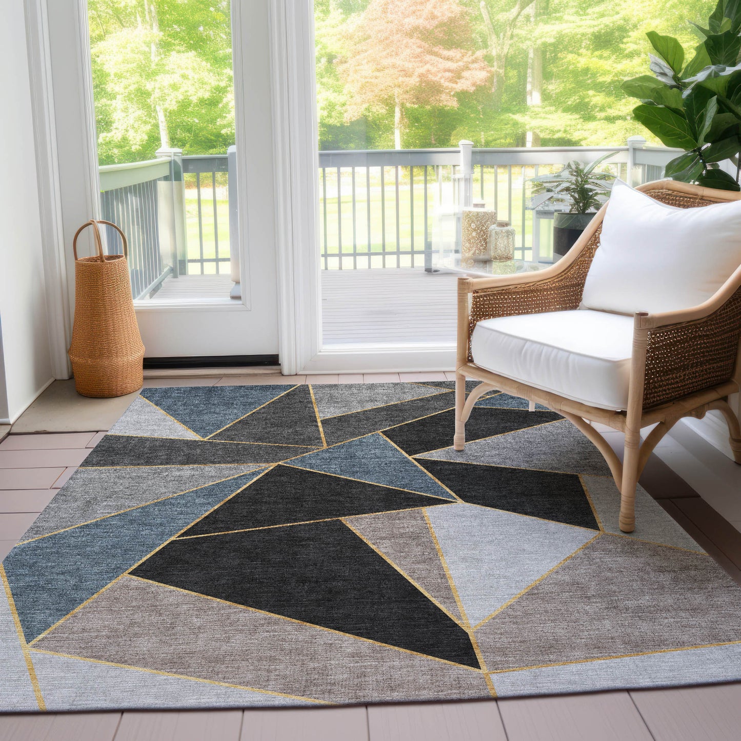 5' X 8' Blue Charcoal And Gray Geometric Washable Indoor Outdoor Area Rug-7