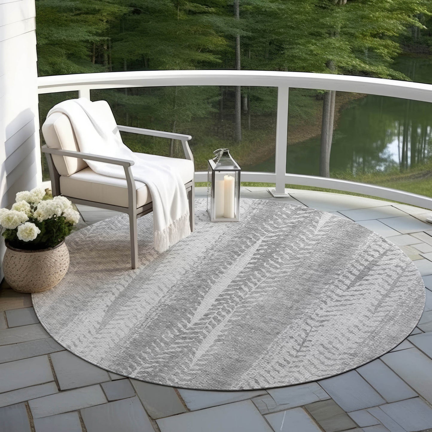 8' Silver Gray And Graphite Round Botanical Leaves Washable Indoor Outdoor Area Rug-5