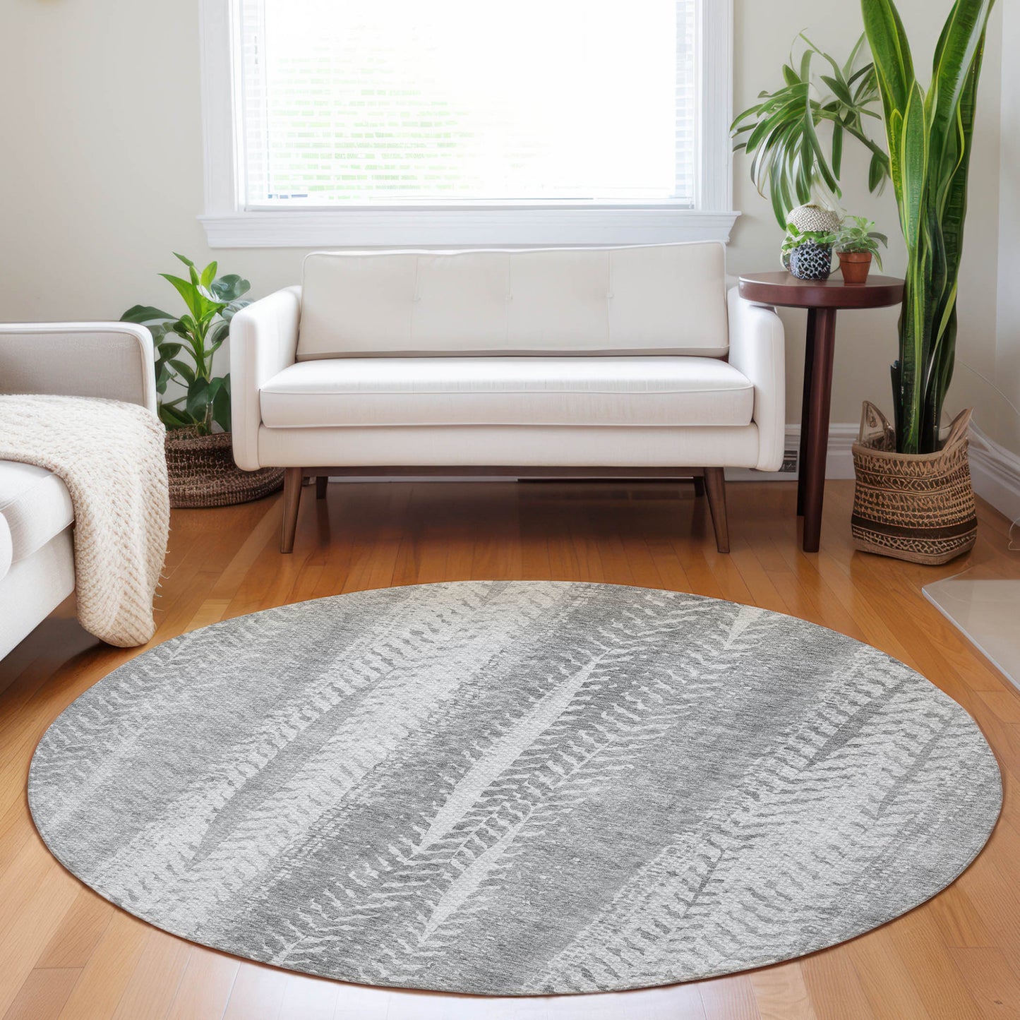 8' Silver Gray And Graphite Round Botanical Leaves Washable Indoor Outdoor Area Rug-6