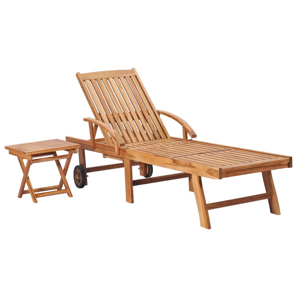 vidaXL Sun Lounger with Table and Cushion Solid Teak Wood-2