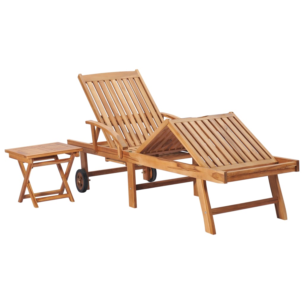 vidaXL Sun Lounger with Table and Cushion Solid Teak Wood-3