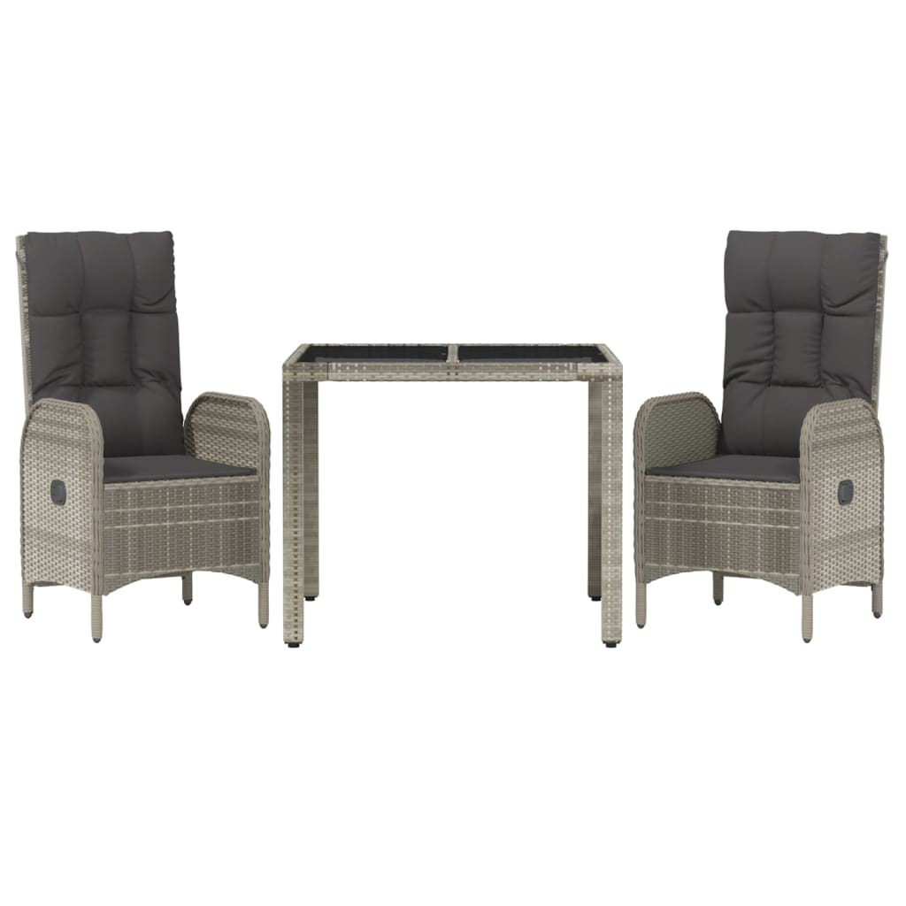 vidaXL 3 Piece Patio Dining Set with Cushions Gray Poly Rattan-2