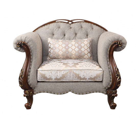 48" Beige and Brown Fabric Floral Arm Chair-0