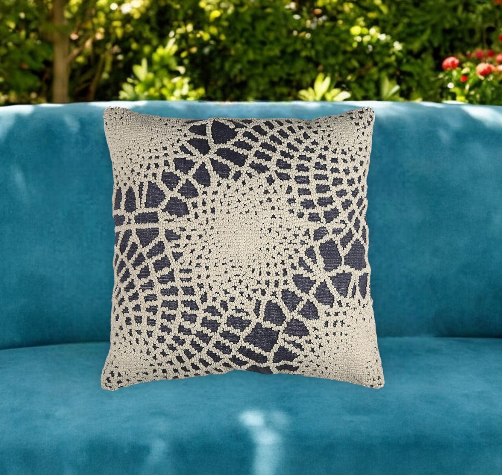 20" Blue and Ivory Hand Woven Abstract Indoor Outdoor Throw Pillow Cover With Texture-0