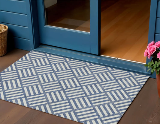 3' X 5' Navy Blue And Ivory Geometric Washable Indoor Outdoor Area Rug-0