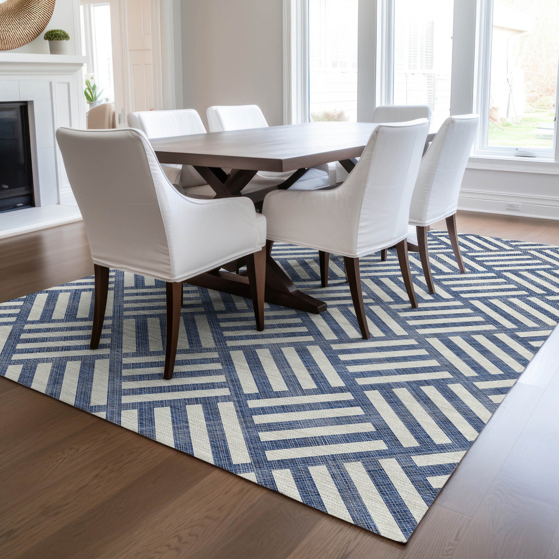 3' X 5' Navy Blue And Ivory Geometric Washable Indoor Outdoor Area Rug-7