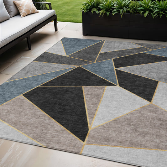 5' X 8' Blue Charcoal And Gray Geometric Washable Indoor Outdoor Area Rug-0