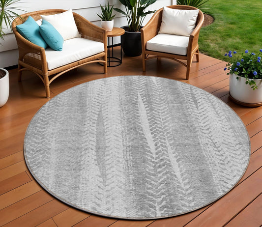 8' Silver Gray And Graphite Round Botanical Leaves Washable Indoor Outdoor Area Rug-0