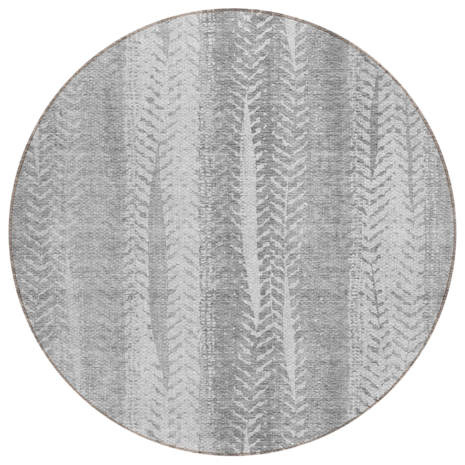 8' Silver Gray And Graphite Round Botanical Leaves Washable Indoor Outdoor Area Rug-1